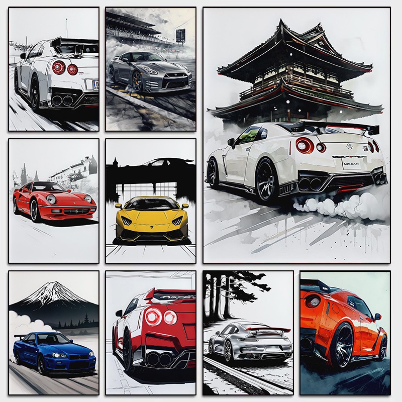 Luxury Lifestyle Japan - Supercar-Wandkunst-Poster im japanischen Stil, moderner Automotive-Skyline-Druck,
