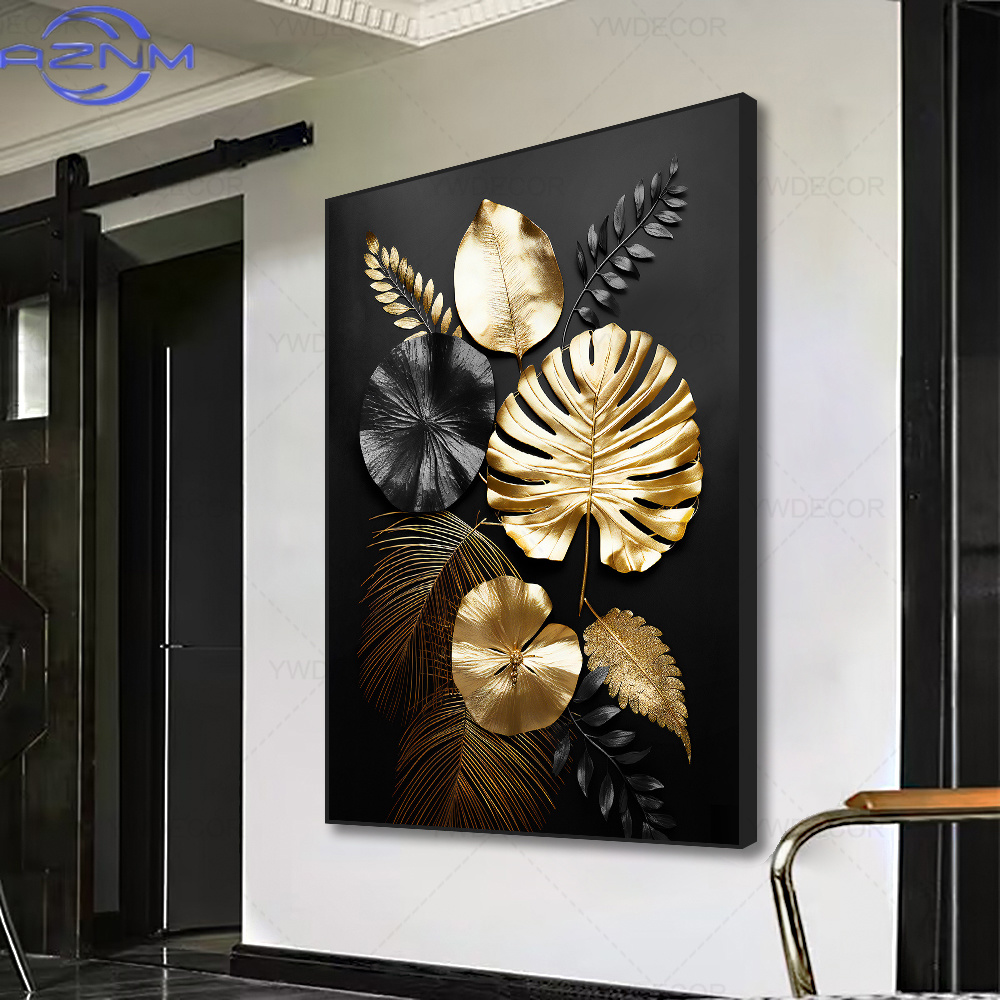 Luxury Lifestyle Japan - AZNM Luxuriöses Schwarz-Goldenes Pflanzenblatt Leinwand-Poster Druck